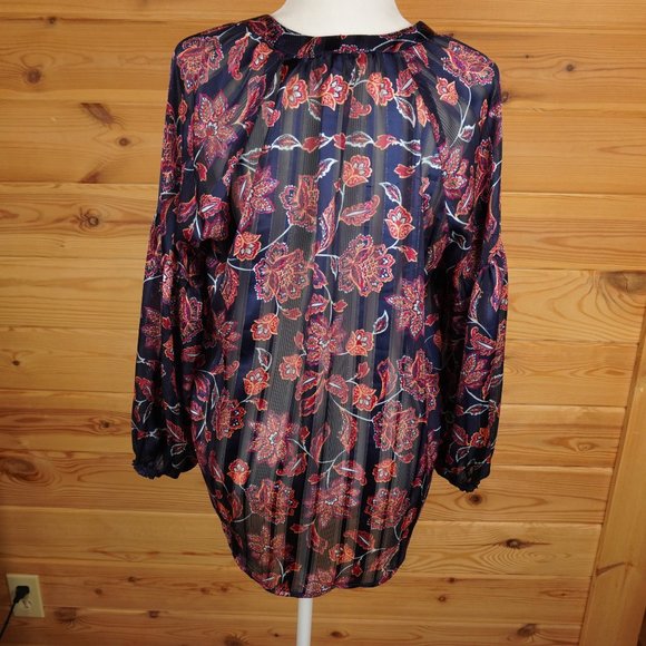 Democracy‎ Black Sheer Red Floral Button Up Top Balloon Sleeves Size Medium - Picture 8 of 10